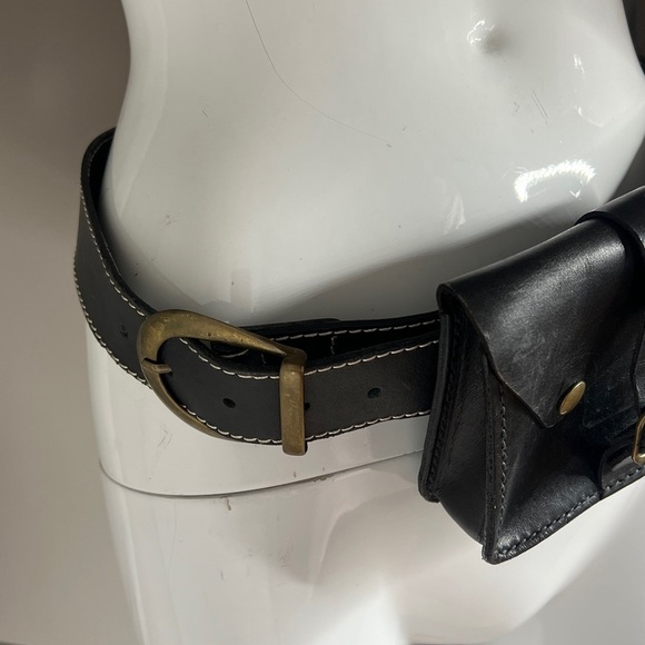 Black Leather Belt 38-34 with Double Snap Pouch Solid Brass Hardware main image 7